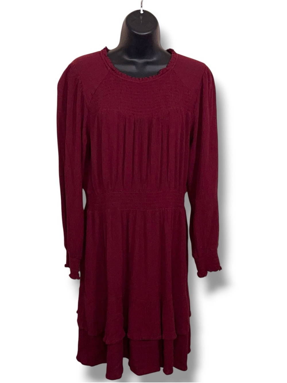 Medium Knox Rose Burgundy Red Prairie Dress Mock Neck Long Sleeve Ruffle